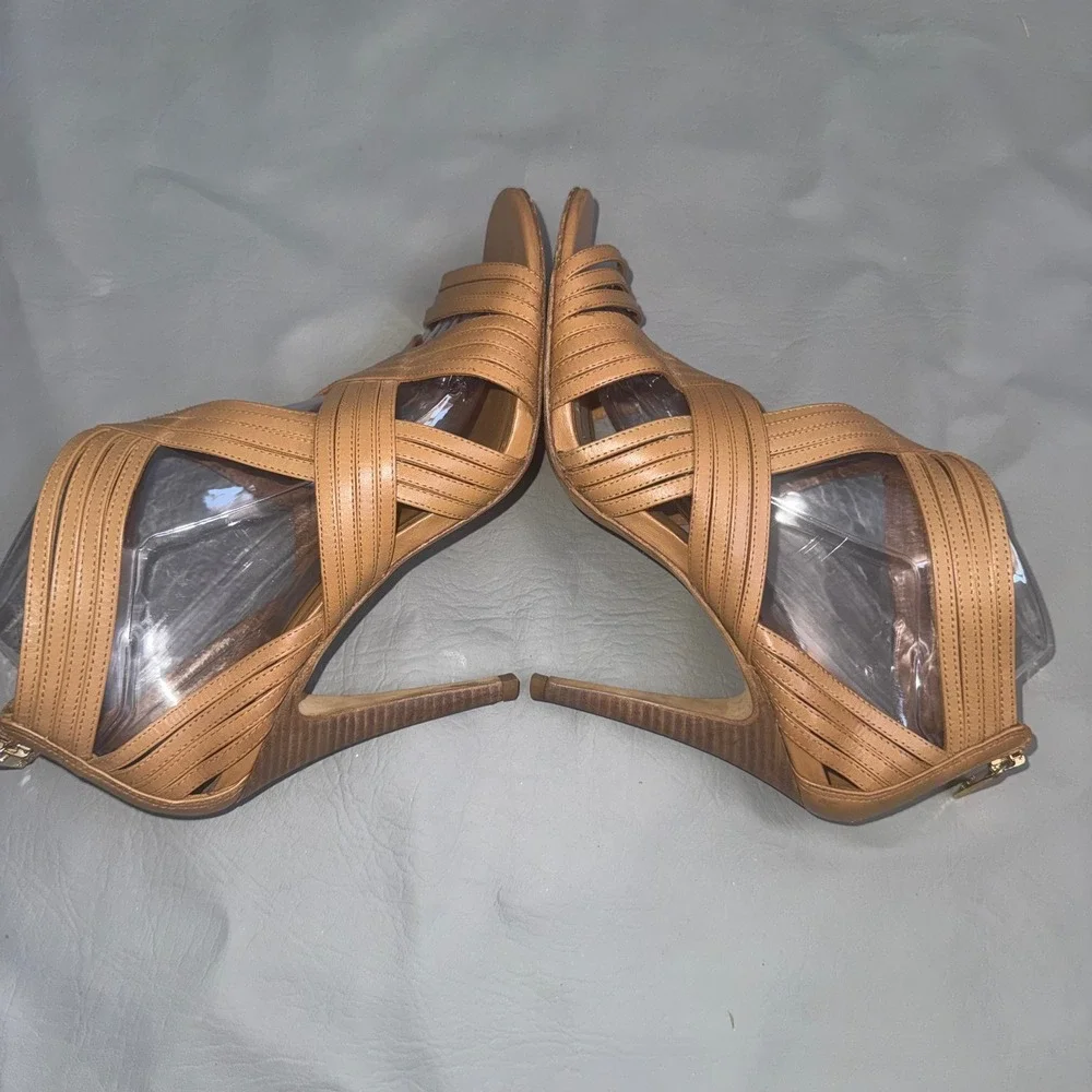 Tory Burch Tan Leather Strappy Caged Stiletto Heels Sandals Gold Logo Zip 8.5M
